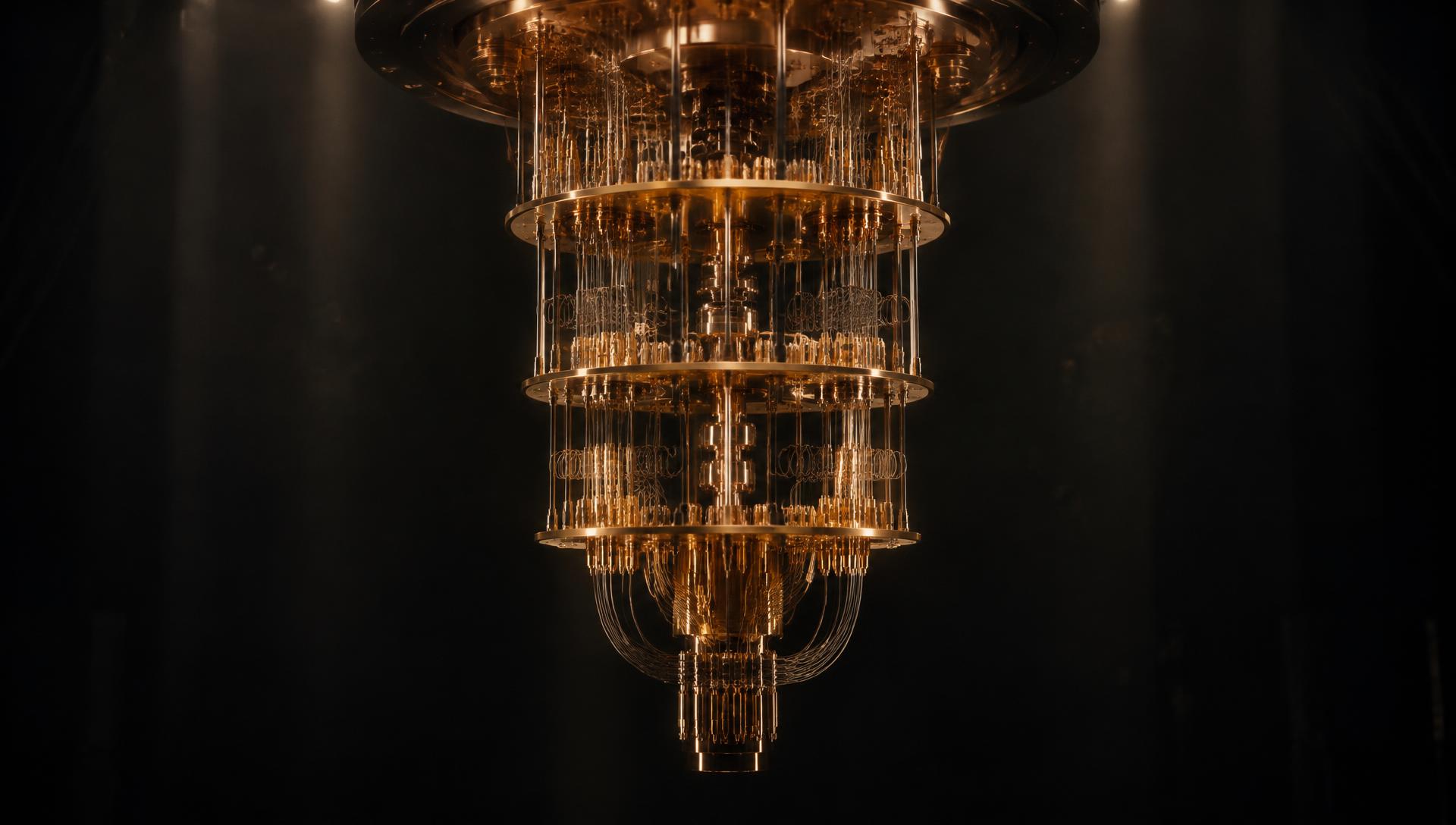 Quantum computer cryostat glowing in darkness